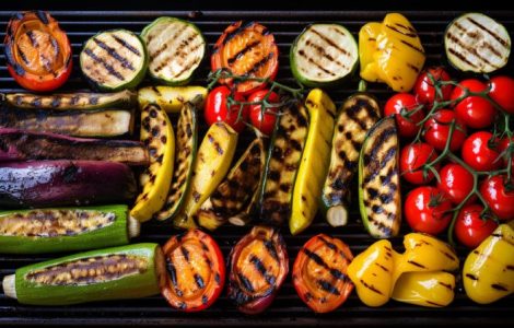 Variety of vegetables roasting on a bbq grill