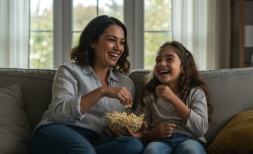 mother-daughter-watching-a-movie-laughing